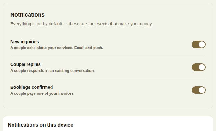 Notifications with New inquiries, Couple replies and Bookings confirmed all switched on