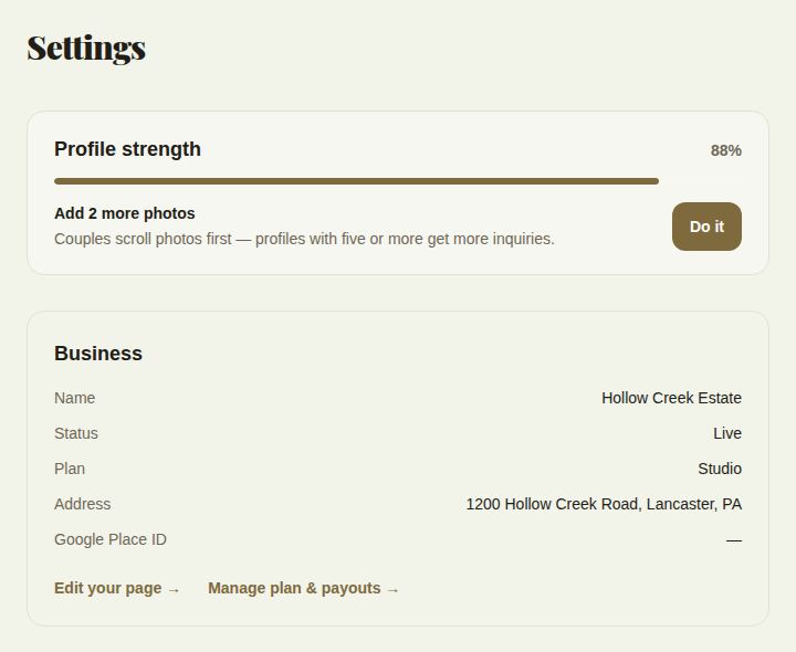 The top of Settings: Profile strength and the Business card with name, status, plan and address
