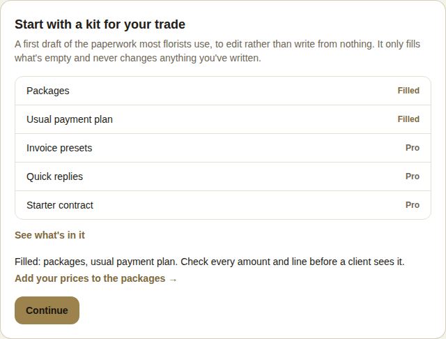 After filling: Packages and Usual payment plan marked Filled, with Add your prices to the packages and Continue