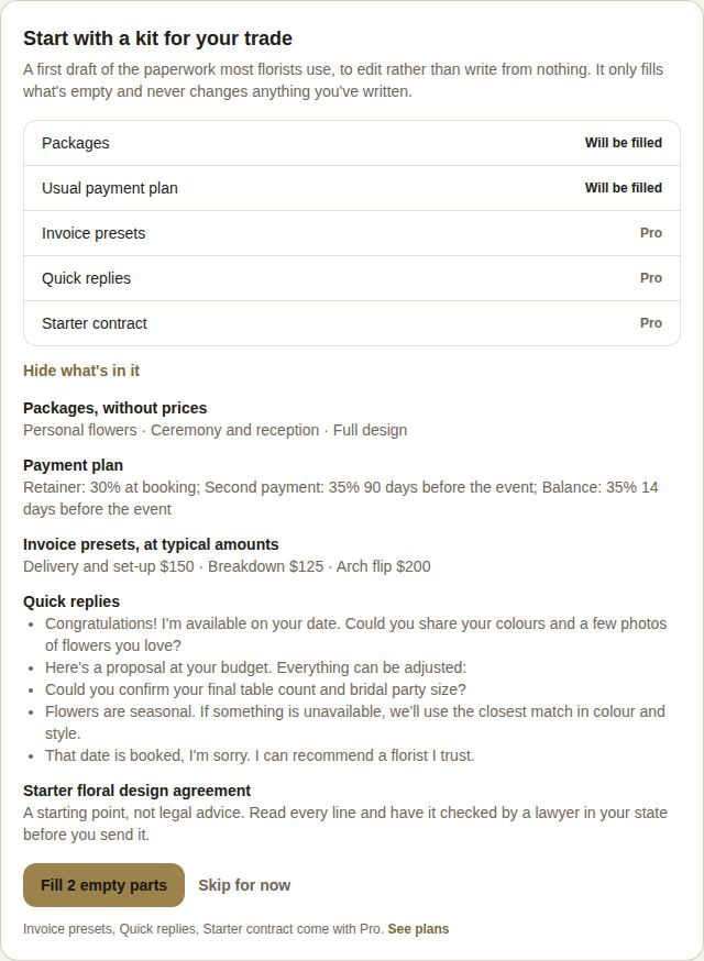 The kit opened with See what's in it: package names, a three-part payment plan, invoice presets at typical amounts, five quick replies and a starter floral design agreement
