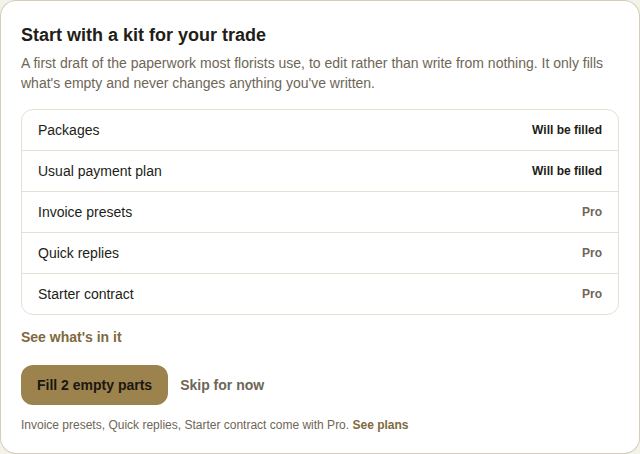 Start with a kit for your trade, listing Packages and Usual payment plan as Will be filled, and Invoice presets, Quick replies and Starter contract as Pro