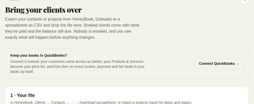 Bring your clients over: the introduction, the QuickBooks shortcut with Connect QuickBooks, and step 1 Your file