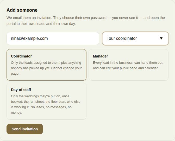 Add someone with an email, a job title of Tour coordinator, and the three role cards
