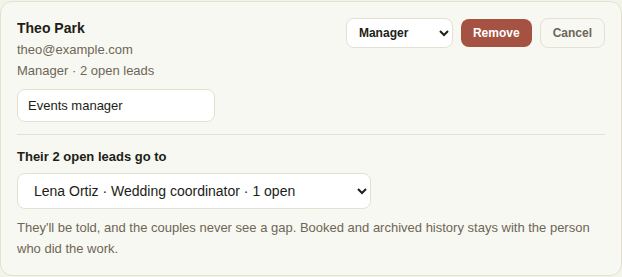 Removing a manager with 2 open leads, handing them to the wedding coordinator, with Remove and Cancel