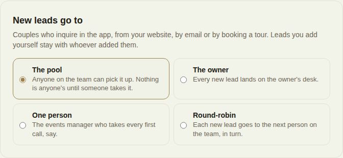 New leads go to: The pool, The owner, One person, and Round-robin